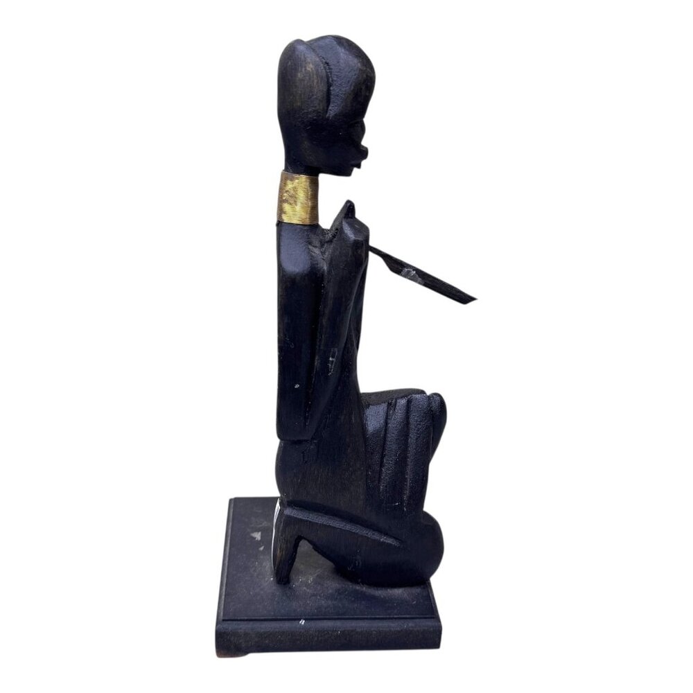 Hand-Carved Ebony African Tribal Figurine Woman Praying Fertility Gold Collar 9"
